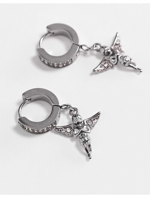 ASOS DESIGN stainless steel party hoop earrings with crystal angel in silver tone