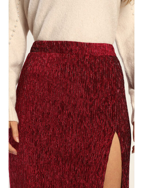 Lulus Luxe Energy Burgundy Lurex Velvet Midi Skirt