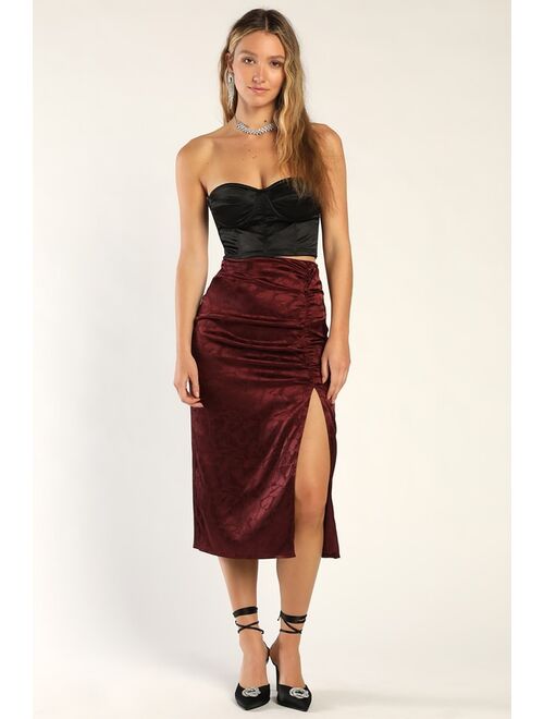 Lulus Gorgeous For Tonight Burgundy Floral Satin Jacquard Midi Skirt