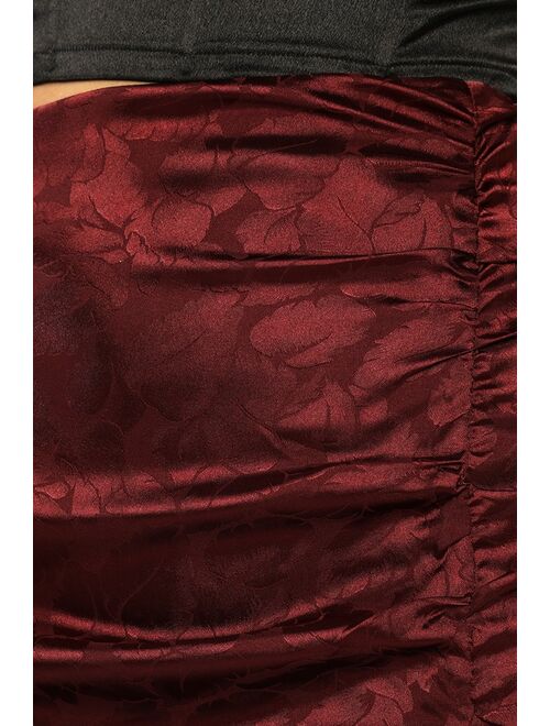 Lulus Gorgeous For Tonight Burgundy Floral Satin Jacquard Midi Skirt