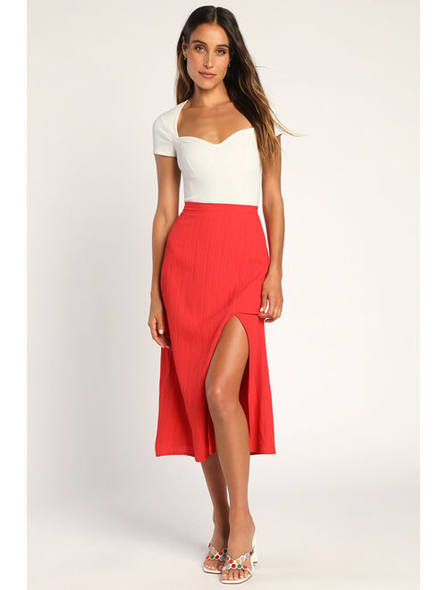 Lulus Forever in Fashion Coral Red Textured Slit Midi Skirt