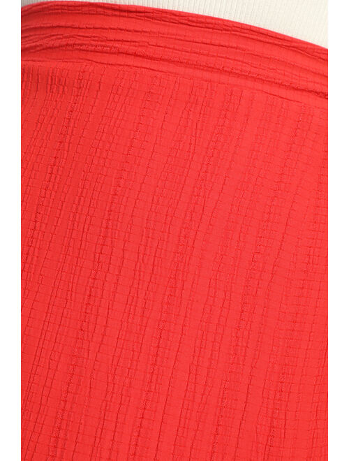 Lulus Forever in Fashion Coral Red Textured Slit Midi Skirt