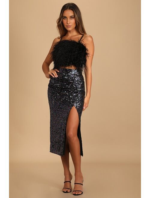 Lulus Let's Start the Party Black Iridescent Sequin Ruched Midi Skirt
