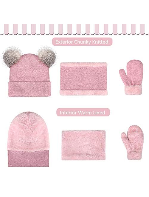 Aqothes Kids Boys Girls Winter Knit Warm Fleece Lined Cute Pompom Beanie Hats Caps and Infinity Scarf Mittens Gloves Set for Children