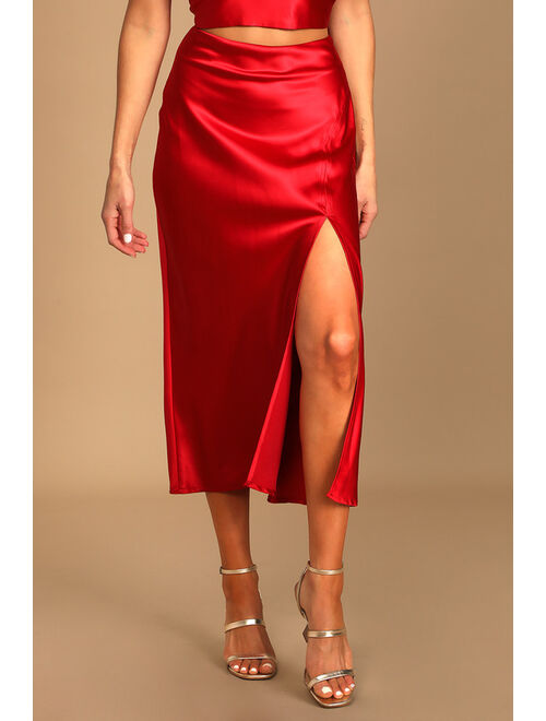Lulus Truly Stunning Red Satin Midi Skirt