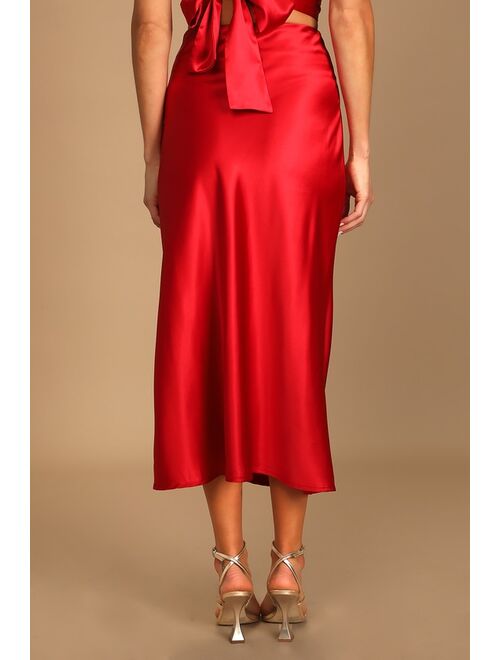 Lulus Truly Stunning Red Satin Midi Skirt