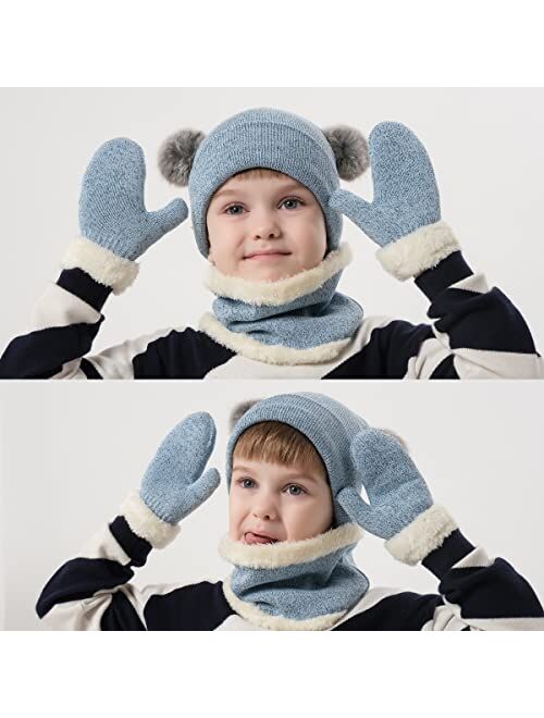 3Pcs Kids Winter Knitted Hat Scarf Gloves Set with Warm Fleece Lined for Children Girls Boys of 3-6 Years