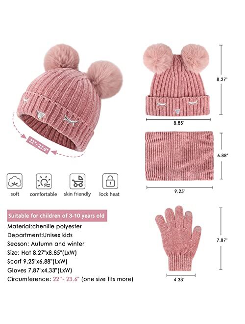 FZ FANTASTIC ZONE Toddlers Boys Girls Winter Warm Knit Beanie Hat Neck Scarf Warmer Touchscreen Gloves Set for 3-10 Year Kid with Fleece Pompom