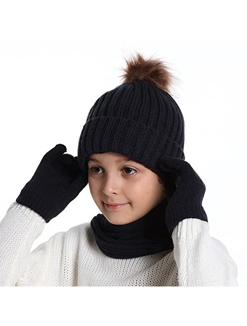 Jerague 3pcs Kids Winter Beanie Hat Scarf and Touchscreen Gloves Set for Boys and Girls Warm Knit Fleece Hat with Detachable Pom