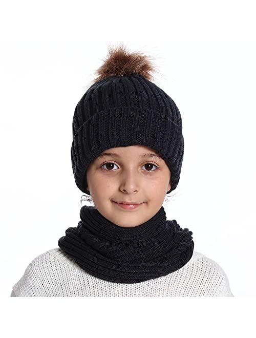 Jerague 3pcs Kids Winter Beanie Hat Scarf and Touchscreen Gloves Set for Boys and Girls Warm Knit Fleece Hat with Detachable Pom