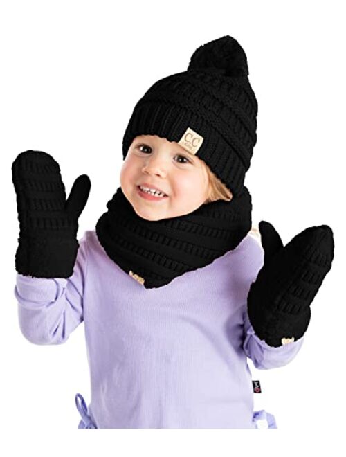 Funky Junque Kids Matching Neck Warmer Tube Scarf, Soft Fuzzy Cuff Gloves Mittens, Ribbed Knit Pom Beanie Bundle Boy Girl
