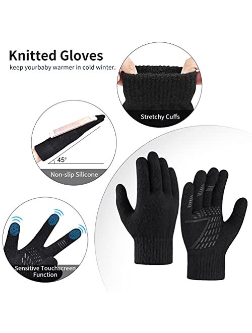 Oopor Kid Hat Scarf Gloves Set - Winter Knit Beanie Cap Neck Warmer Touch Screen Mitten Boy Girl 5-10 Year