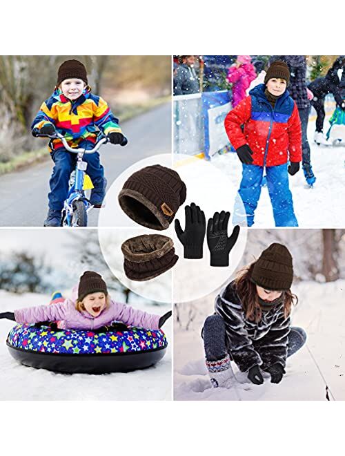 Oopor Kid Hat Scarf Gloves Set - Winter Knit Beanie Cap Neck Warmer Touch Screen Mitten Boy Girl 5-10 Year