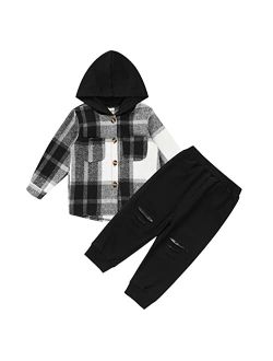 Grnshts Toddler Baby Boy Clothes Long Sleeve Tops Plaid Hoodie Sweatshirt + Sweatpants Little Boy Fall Winter Outfits Set