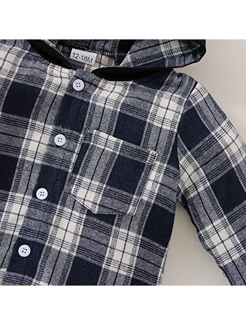 Focutebb Toddler Baby Boys Clothes Fall Winter Outfits Flannel Lattice Button Down Long Sleeve Plaid Shirt Hoodied Tops + Pants Sets