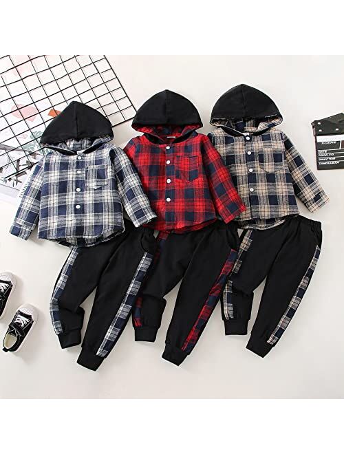 Focutebb Toddler Baby Boys Clothes Fall Winter Outfits Flannel Lattice Button Down Long Sleeve Plaid Shirt Hoodied Tops + Pants Sets