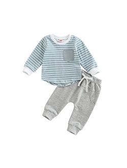 Gueuusu Toddler Baby Boys Fall Winter Outfits Long Sleeve Striped T-Shirt Tops Solid Drawstring Pants Infant 2Pcs Clothes Set