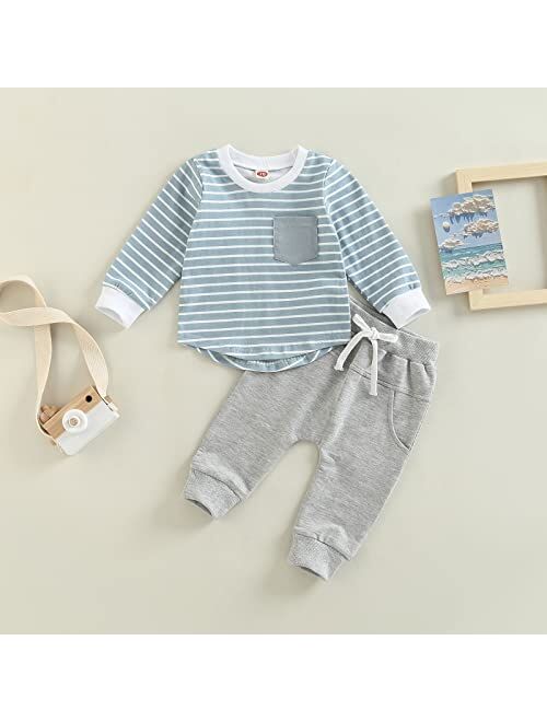 Gueuusu Toddler Baby Boys Fall Winter Outfits Long Sleeve Striped T-Shirt Tops Solid Drawstring Pants Infant 2Pcs Clothes Set