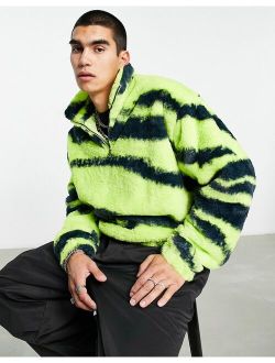 oversized half zip faux fur sweatshirt with green zebra print