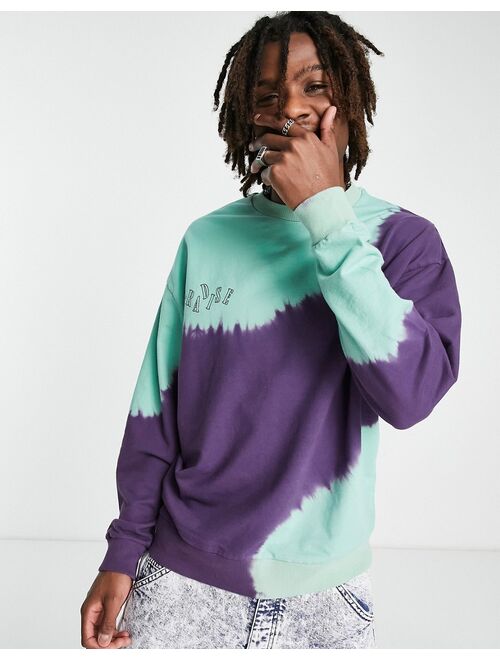 ASOS DESIGN oversized sweatshirt in green & purple tie dye with chest print - part of a set