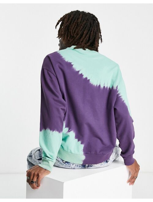 ASOS DESIGN oversized sweatshirt in green & purple tie dye with chest print - part of a set