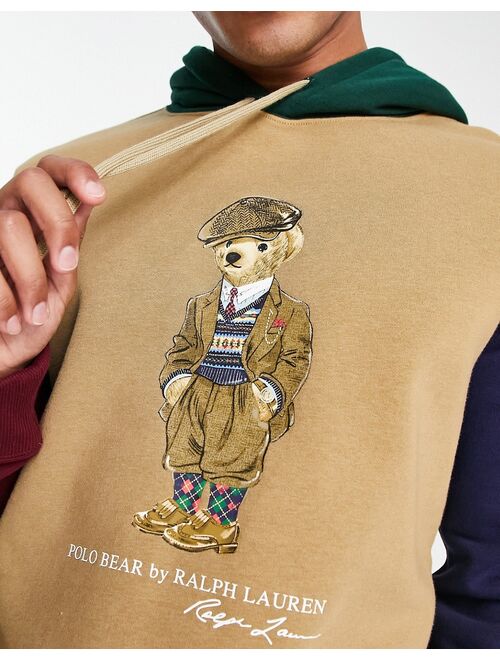 Polo Ralph Lauren heritage bear print colorblock fleece hoodie in khaki beige