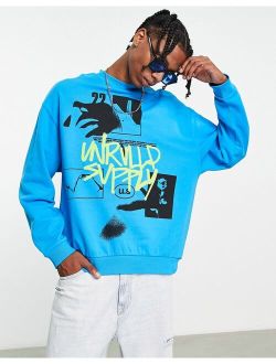 ASOS Unrvlld Spply oversized sweatshirt large graphic front print and logo in blue