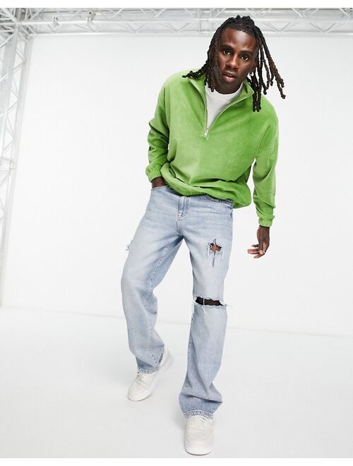 ASOS DESIGN oversized half zip sweatshirt in green ribbed velour