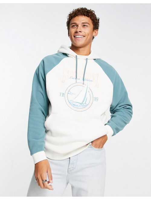 ASOS DESIGN oversized hoodie in gray and green polar fleece with city embroidery