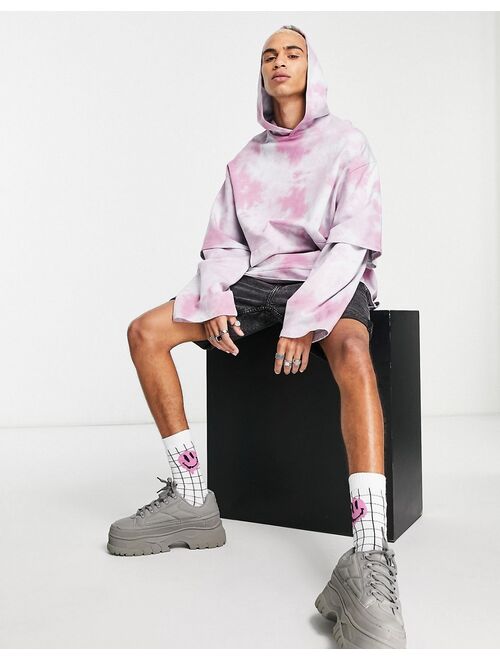 ASOS DESIGN oversized hoodie in pink & white tie dye with double layer sleeve