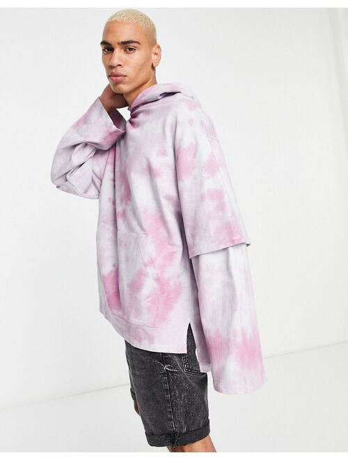 ASOS DESIGN oversized hoodie in pink & white tie dye with double layer sleeve