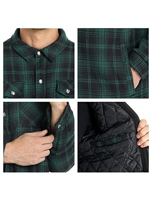 CHEXPEL Flannel Jackets for Men Long Sleeve Plaid Shirt Jacket Quilt Lined Hooded with Button Down Winter Coat