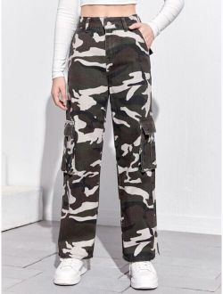 Teen Girls Pocket Patched Camo Cargo Jeans