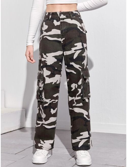 SHEIN Teen Girls Pocket Patched Camo Cargo Jeans