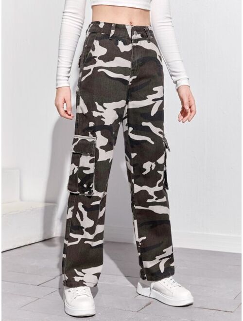 SHEIN Teen Girls Pocket Patched Camo Cargo Jeans