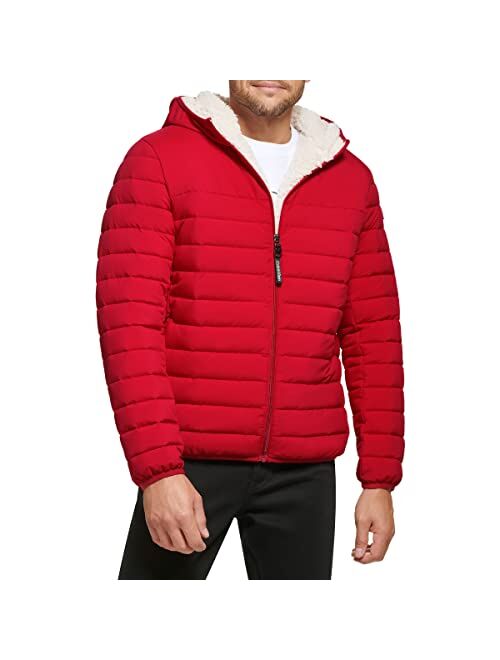 Calvin Klein Men's Hooded Down Jacket, Quilted Coat, Sherpa Lined