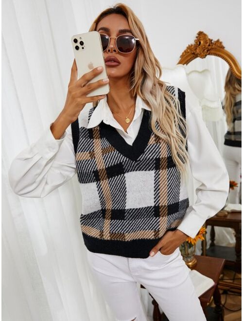 Shein Plaid Pattern Sweater Vest Without Blouse