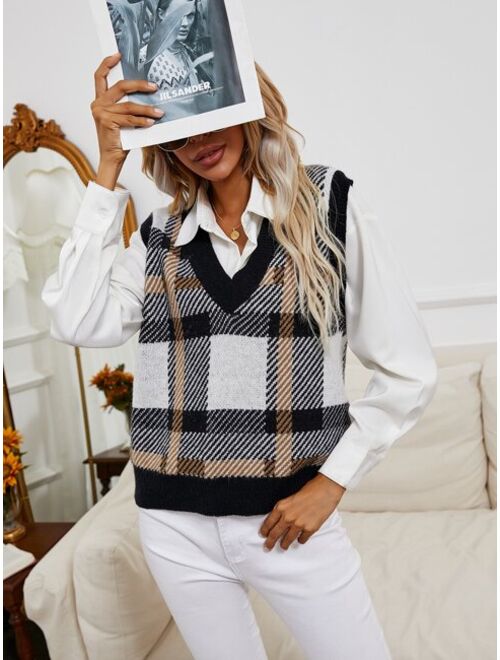 Shein Plaid Pattern Sweater Vest Without Blouse