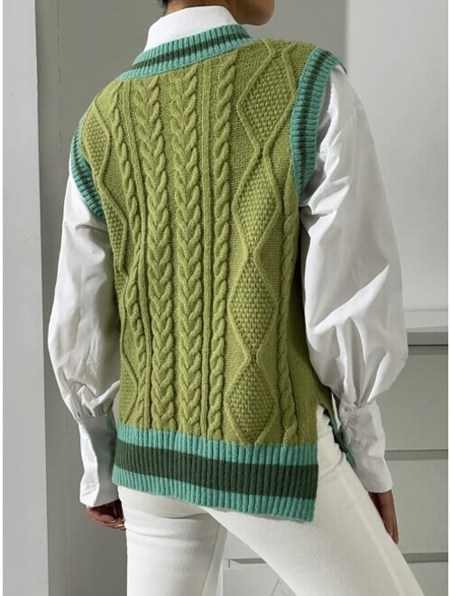 Shein Striped Trim Split Hem Sweater Vest Without Blouse