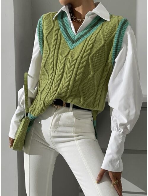 Shein Striped Trim Split Hem Sweater Vest Without Blouse
