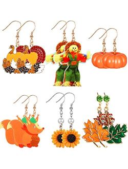 MTLEE 6 Pairs Thanksgiving Fall Drop Dangle Earrings Thanksgiving Autumn Jewelry Scarecrow Turkey Pumpkin Sunflower Maple Corn Pine Cone Dangle Earrings for Women Girls