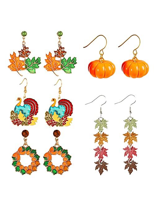 choice of all 5 Pairs Thanksgiving Earrings for Women Turkey Pumpkin Red Maple Leaf Fall Earrings for Thanksgiving Gifts
