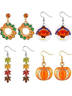 Hicarer 4 Pairs Thanksgiving Dangle Earrings, Pumpkin Earring Red Maple Leaf Turkey Drop Earrings for Women Girls Thanksgiving Holiday Present Favors