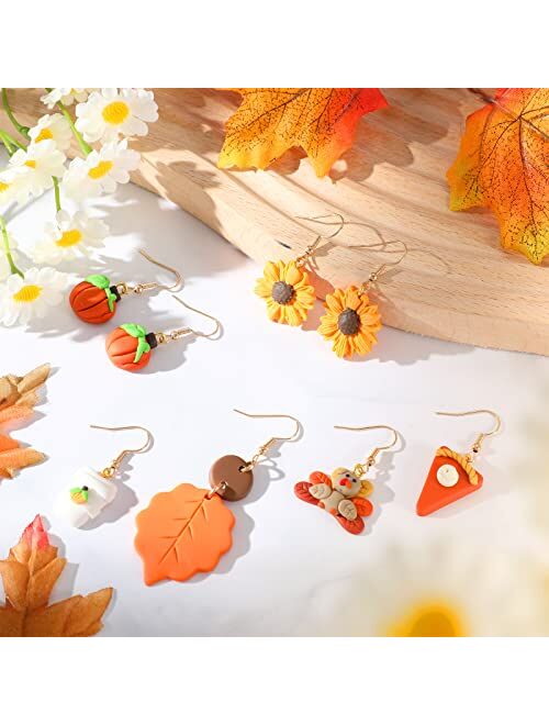 Hicarer 6 Pairs Thanksgiving Fall Earrings Pumpkin Pie Candy Dangle Earrings Polymer Clay Earrings for Women Girls