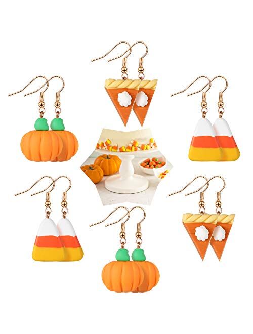 Hicarer 6 Pairs Thanksgiving Fall Earrings Pumpkin Pie Candy Dangle Earrings Polymer Clay Earrings for Women Girls