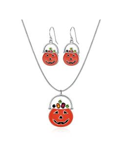 TOVABA Halloween Pumpkin Jewelry Set Necklace and Earring Set Thanksgiving Dangling Earrings for Women Fashion Pumpkin Pendent Necklace Earrings Jewelry set for Women Gir