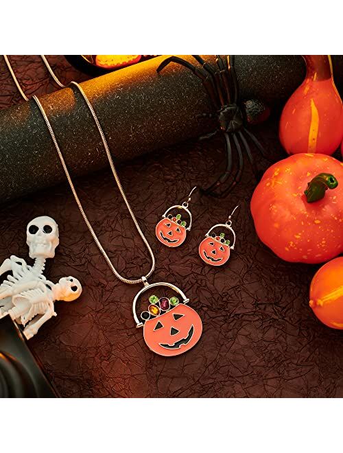 TOVABA Halloween Pumpkin Jewelry Set Necklace and Earring Set Thanksgiving Dangling Earrings for Women Fashion Pumpkin Pendent Necklace Earrings Jewelry set for Women Gir