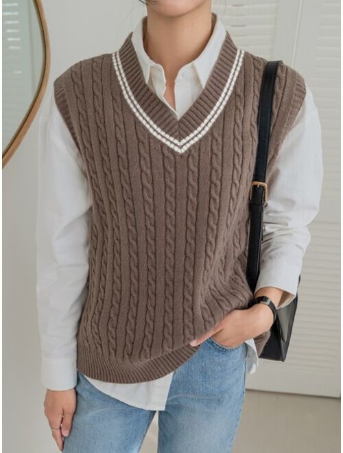 DAZY Striped Trim Cable Knit Sweater Vest Without Blouse