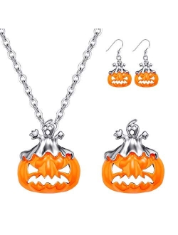 MMiraculous Garden 3 Pairs Halloween Jewelry Set for Women Girls, Halloween Theme Enameled Pumpkin Pendant Necklace Brooch Pin Drop Dangle Earrings Sets