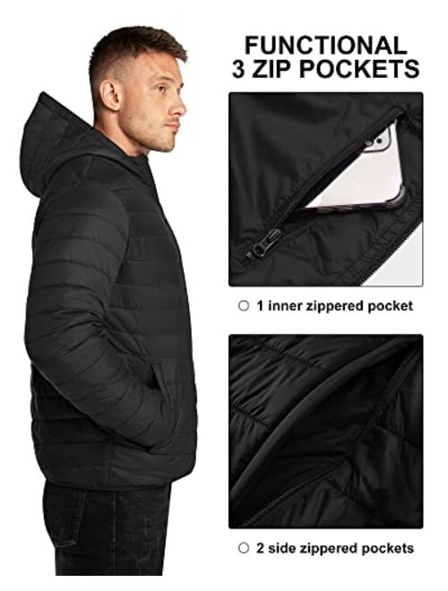 33,000ft Men's Lightweight Packable Insulated Puffer Winter Jacket with Hood, Water-Resistant Down Alternative Puffy Coat